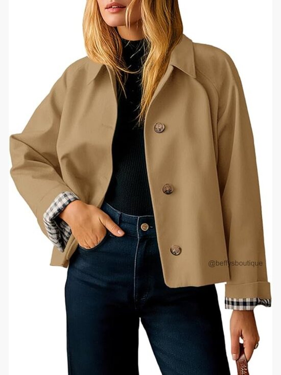 Jackets & Blazers - Cropped Trench Coat Lightweight Single Breasted Jacket Fall Windbreaker